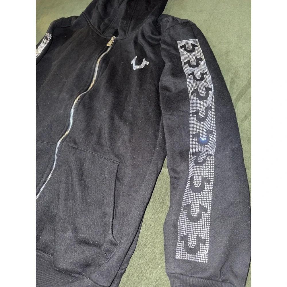 True Religion Black Logo Full Zip Up Crystal Rhinestone Hoodie‎ Mens Size Small